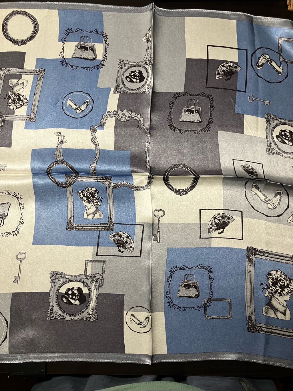 100 Silk Scarf Bandana White Grey Blue